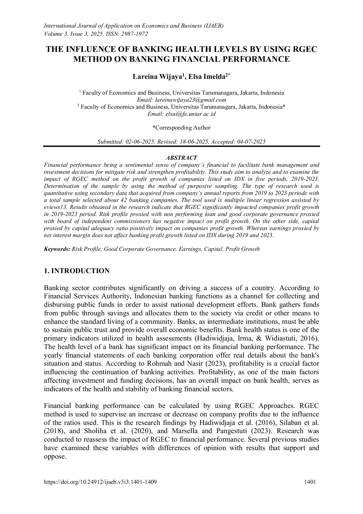 JURIS The Influence of Banking Health Levels by Using RGEC Method on Banking Financial Performance