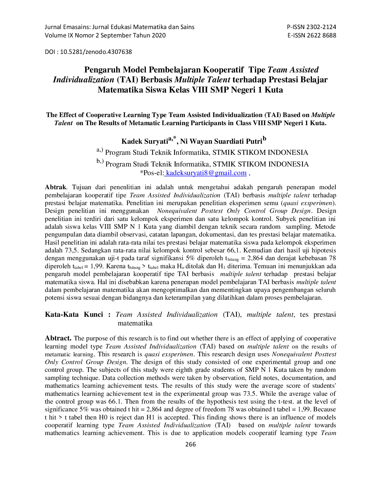 JURIS Pengaruh Model Pembelajaran Kooperatif Tipe Team Assisted Individualization TAI Berbasis Multiple Talent terhadap Prestasi Belajar Matematika Siswa Kelas VIII SMP Negeri 1 Kuta