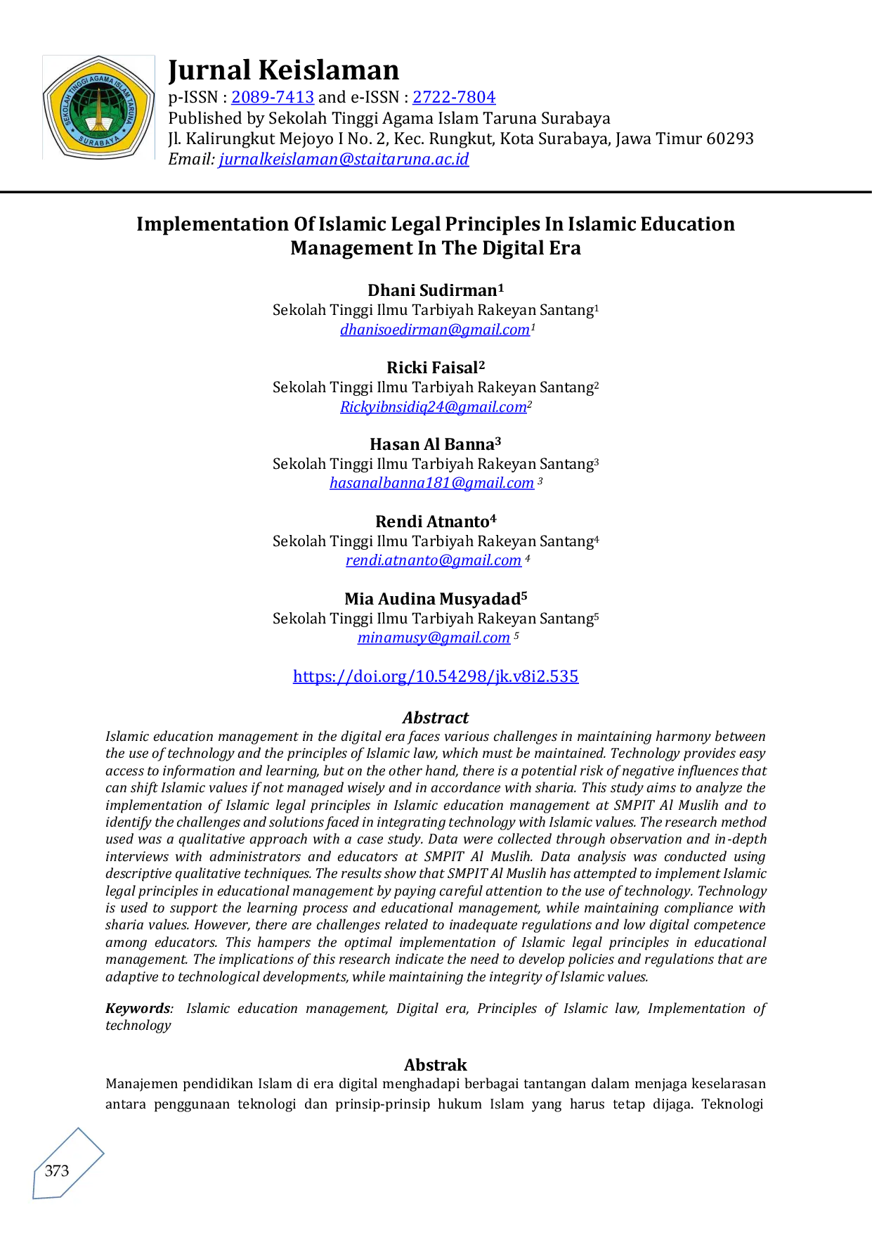 JURIS Implementation Of Islamic Legal Principles In Islamic Education Management In The Digital Era Implementasi Prinsip Hukum Islam dalam Manajemen Pendidikan Islam di Era Digital