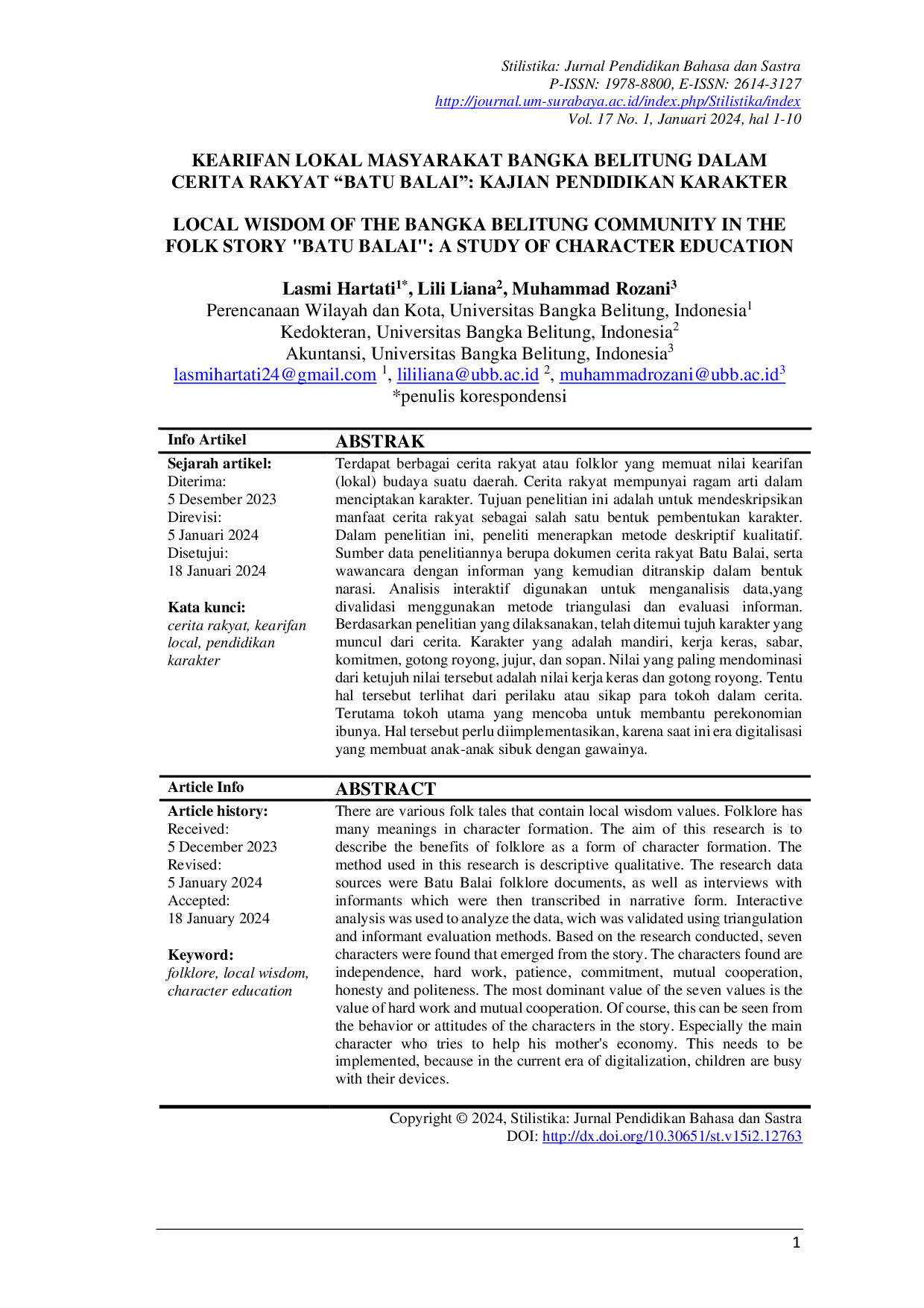 JURIS Kearifan Lokal Masyarakat Bangka Belitung dalam Cerita Rakyat Batu Balai Kajian Pendidikan Karakter