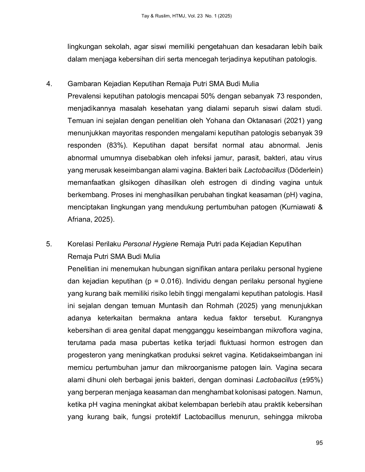 JURIS Korelasi Perilaku Personal Hygiene Remaja Putri Di SMA Budi Mulia Jakarta Pusat Pada Kejadian Keputihan