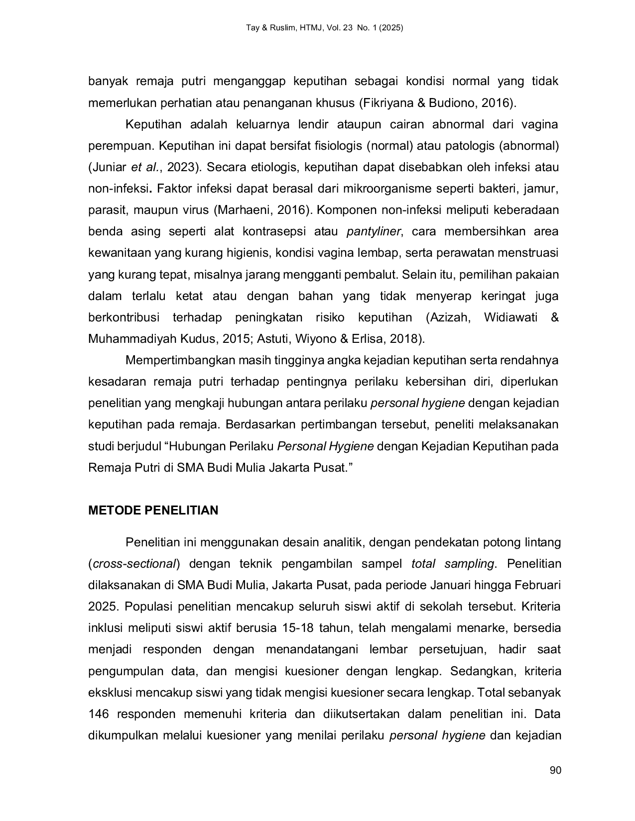 JURIS Korelasi Perilaku Personal Hygiene Remaja Putri Di SMA Budi Mulia Jakarta Pusat Pada Kejadian Keputihan