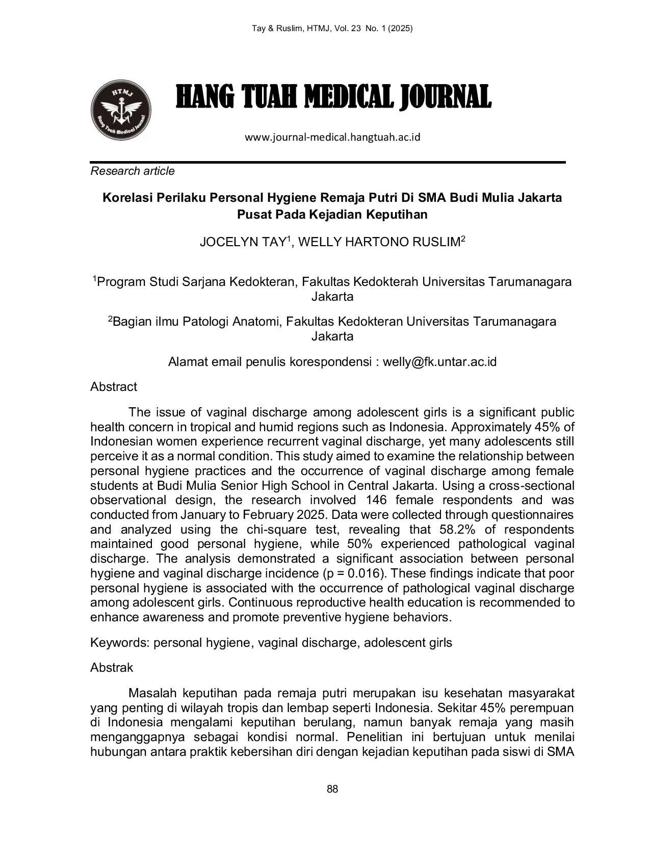 JURIS Korelasi Perilaku Personal Hygiene Remaja Putri Di SMA Budi Mulia Jakarta Pusat Pada Kejadian Keputihan