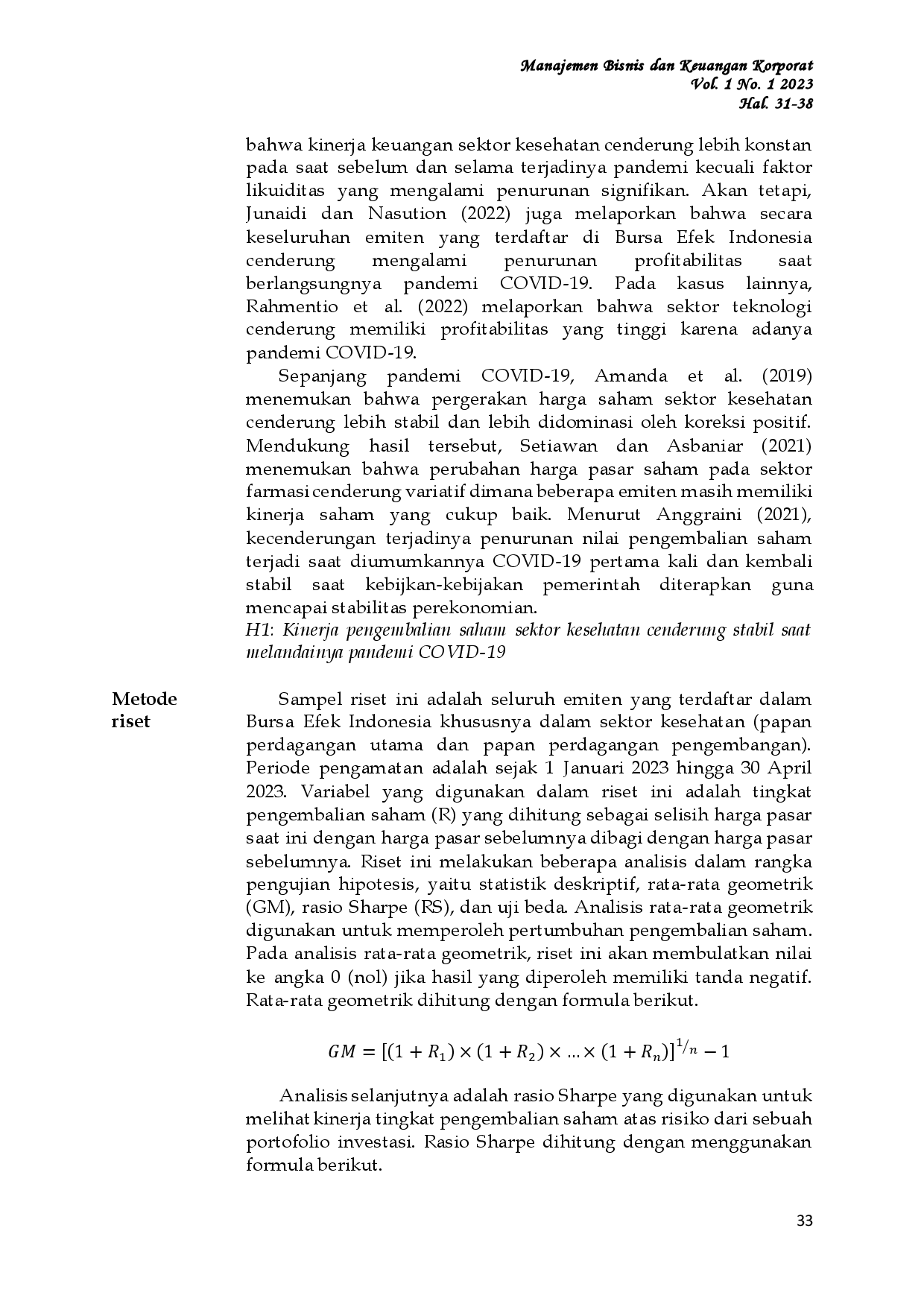 juris Pertumbuhan Return Sektor Kesehatan Dalam Isu Melandainya Pandemi COVID 19