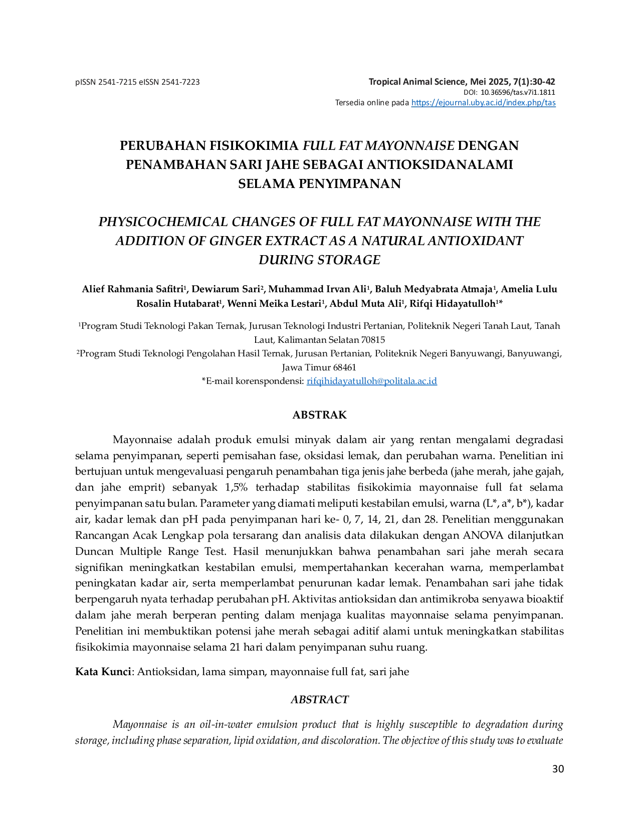 JURIS Perubahan Fisikokimia Full Fat Mayonnaise dengan Penambahan Sari Jahe sebagai Antioksidan Alami Selama Penyimpanan