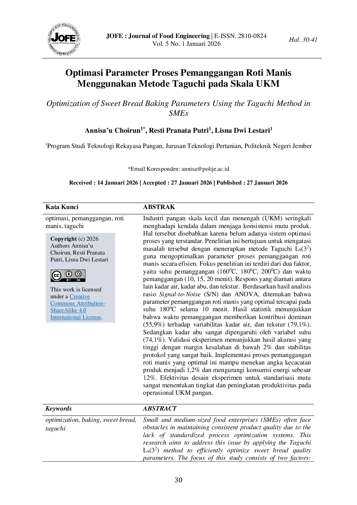 JURIS Optimasi Parameter Proses Pemanggangan Roti Manis Menggunakan Metode Taguchi pada Skala UKM Optimization of Sweet Bread Baking Parameters Using the Taguchi Method in SMEs