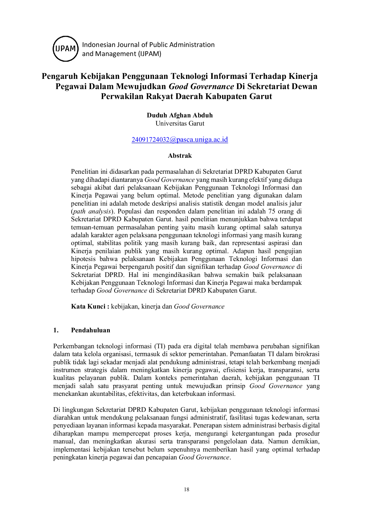 JURIS Pengaruh Kebijakan Penggunaan Teknologi Informasi Terhadap Kinerja Pegawai Dalam Mewujudkan Good Governance Di Sekretariat Dewan Perwakilan Rakyat Daerah Kabupaten Garut