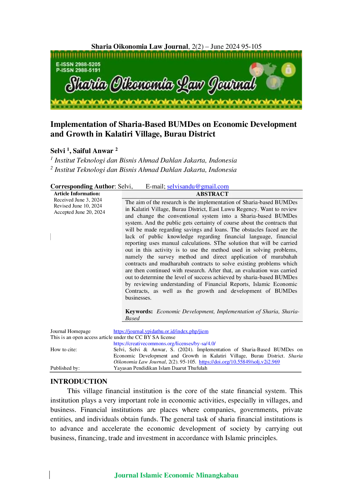 JURIS Implementation of Sharia Based BUMDes on Economic Development and Growth in Kalatiri Village Burau District