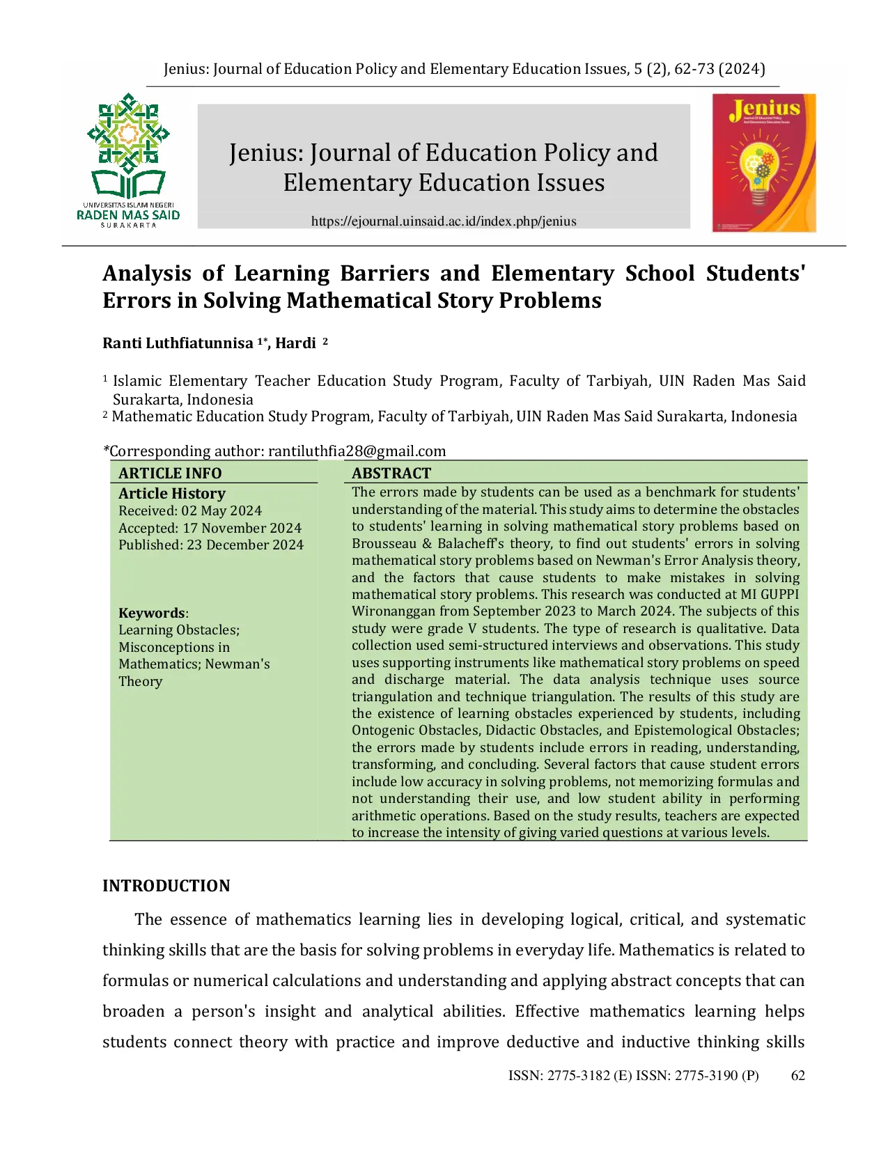 JURIS Analysis of Learning Barriers and Elementary School Students Errors in Solving Mathematical Story Problems