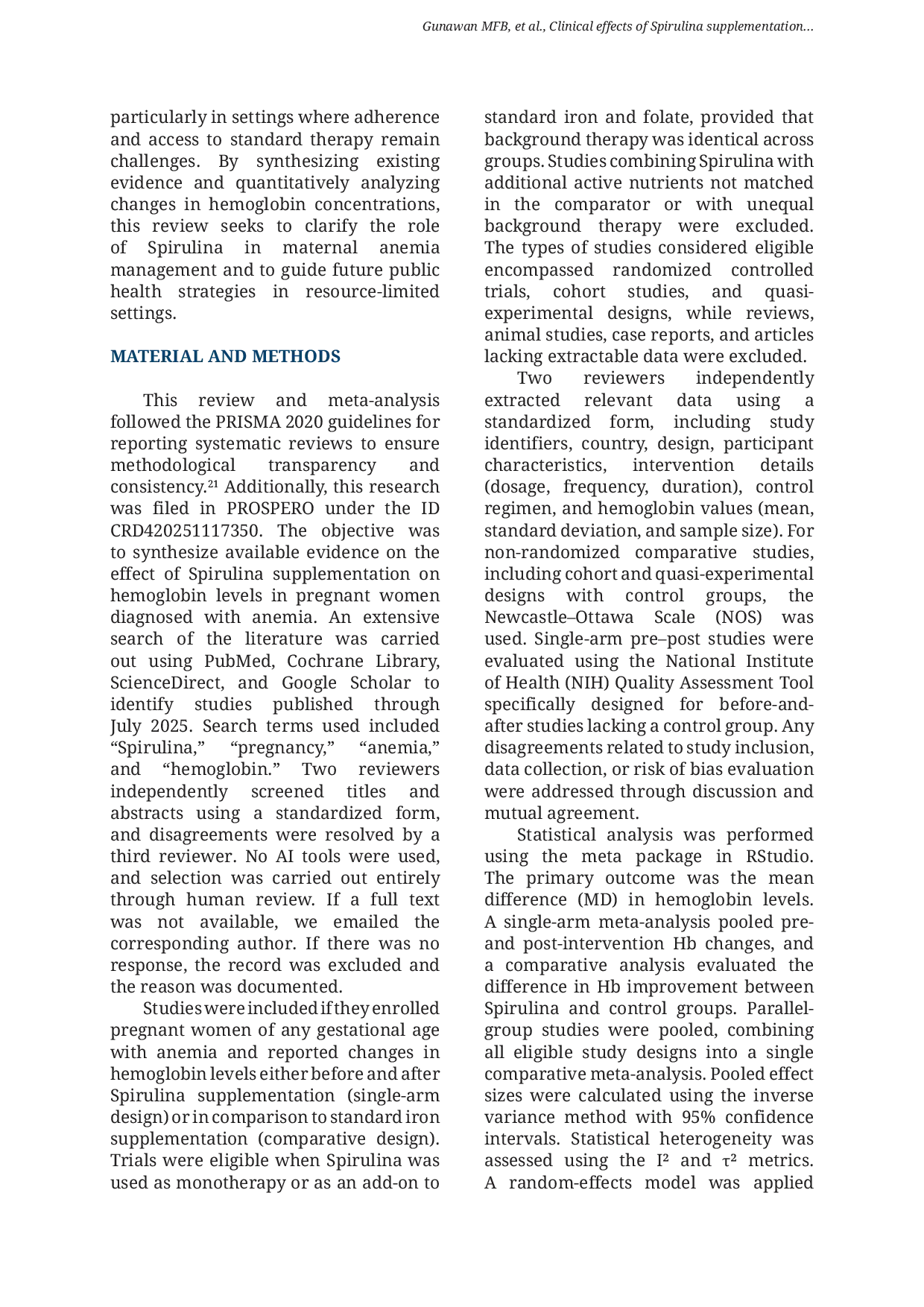 JURIS Clinical effects of Spirulina supplementation on hemoglobin levels in anemic pregnant women a systematic review and meta analysis