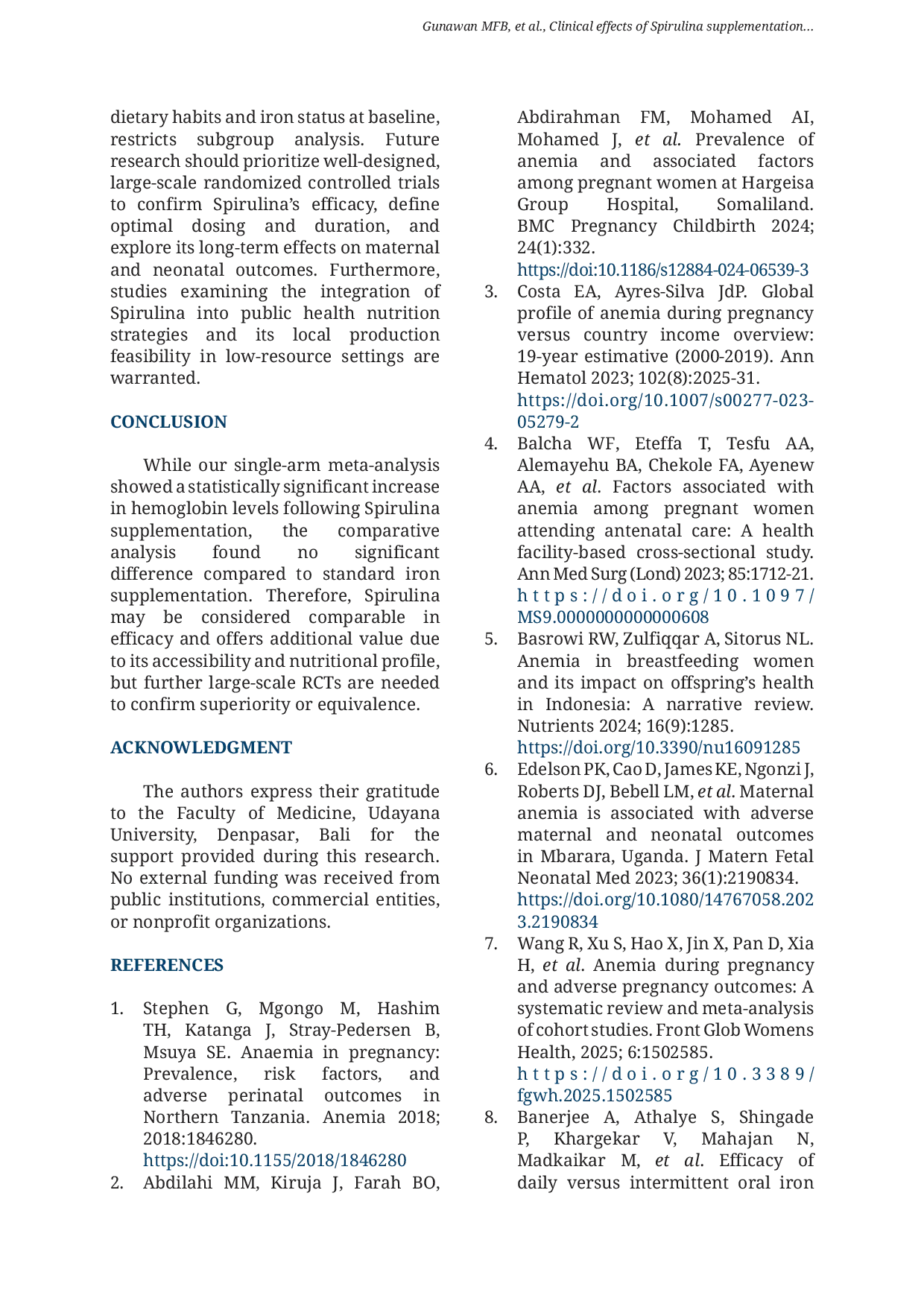 JURIS Clinical effects of Spirulina supplementation on hemoglobin levels in anemic pregnant women a systematic review and meta analysis