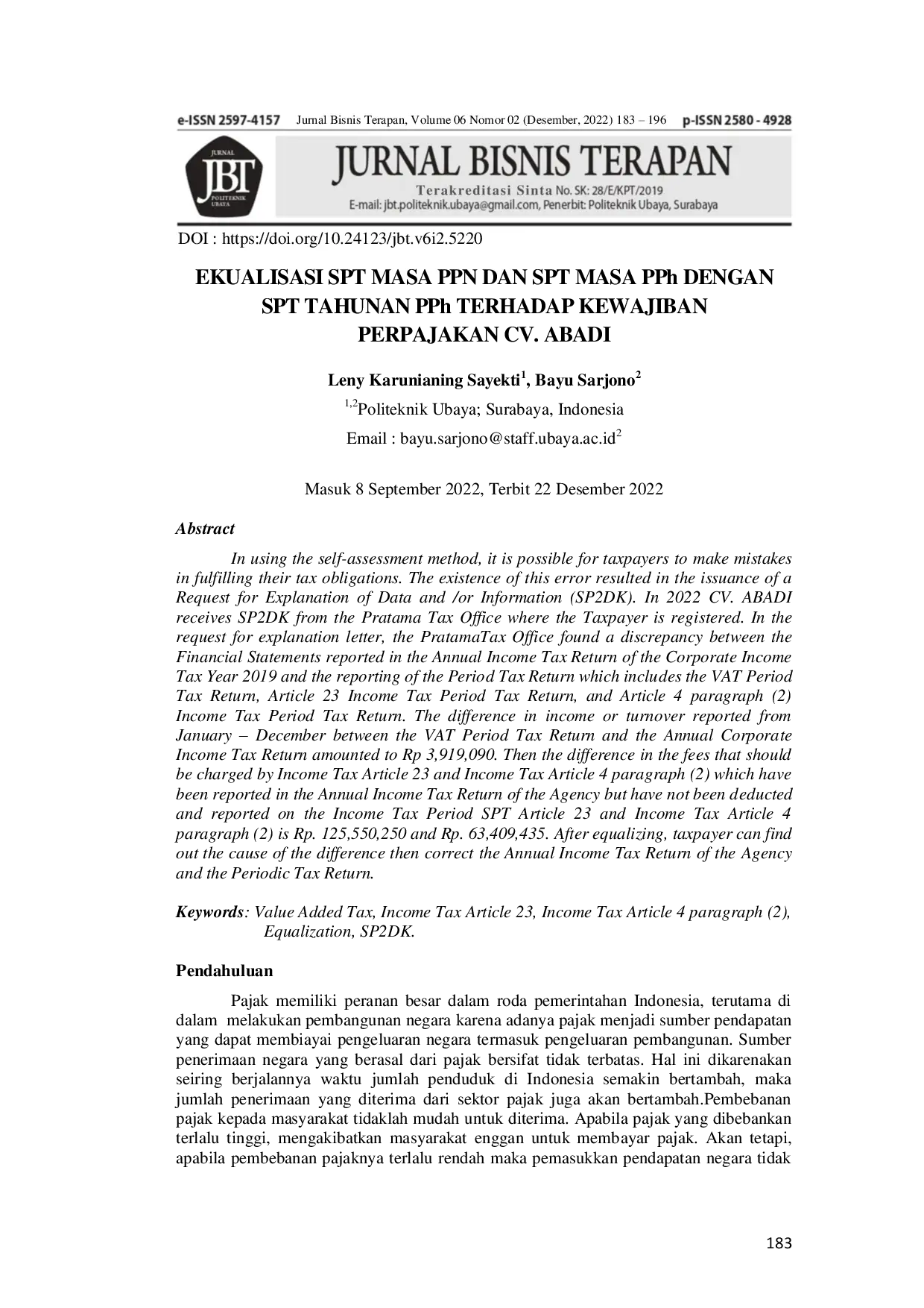 JURIS EKUALISASI SPT MASA PPN DAN SPT MASA PPh DENGAN SPT TAHUNAN PPh TERHADAP KEWAJIBAN PERPAJAKAN CV ABADI