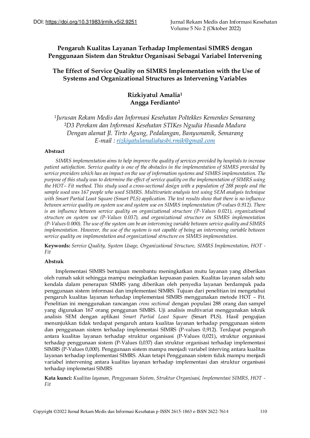 JURIS Pengaruh Kualitas Layanan Terhadap Implementasi SIMRS dengan Penggunaan Sistem dan Struktur Organisasi Sebagai Variabel Intervining