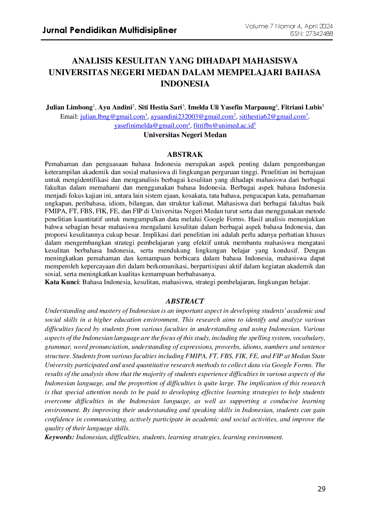 juris Analisis Kesulitan yang Dihadapi Mahasiswa Universitas Negeri Medan dalam Mempelajari Bahasa Indonesia