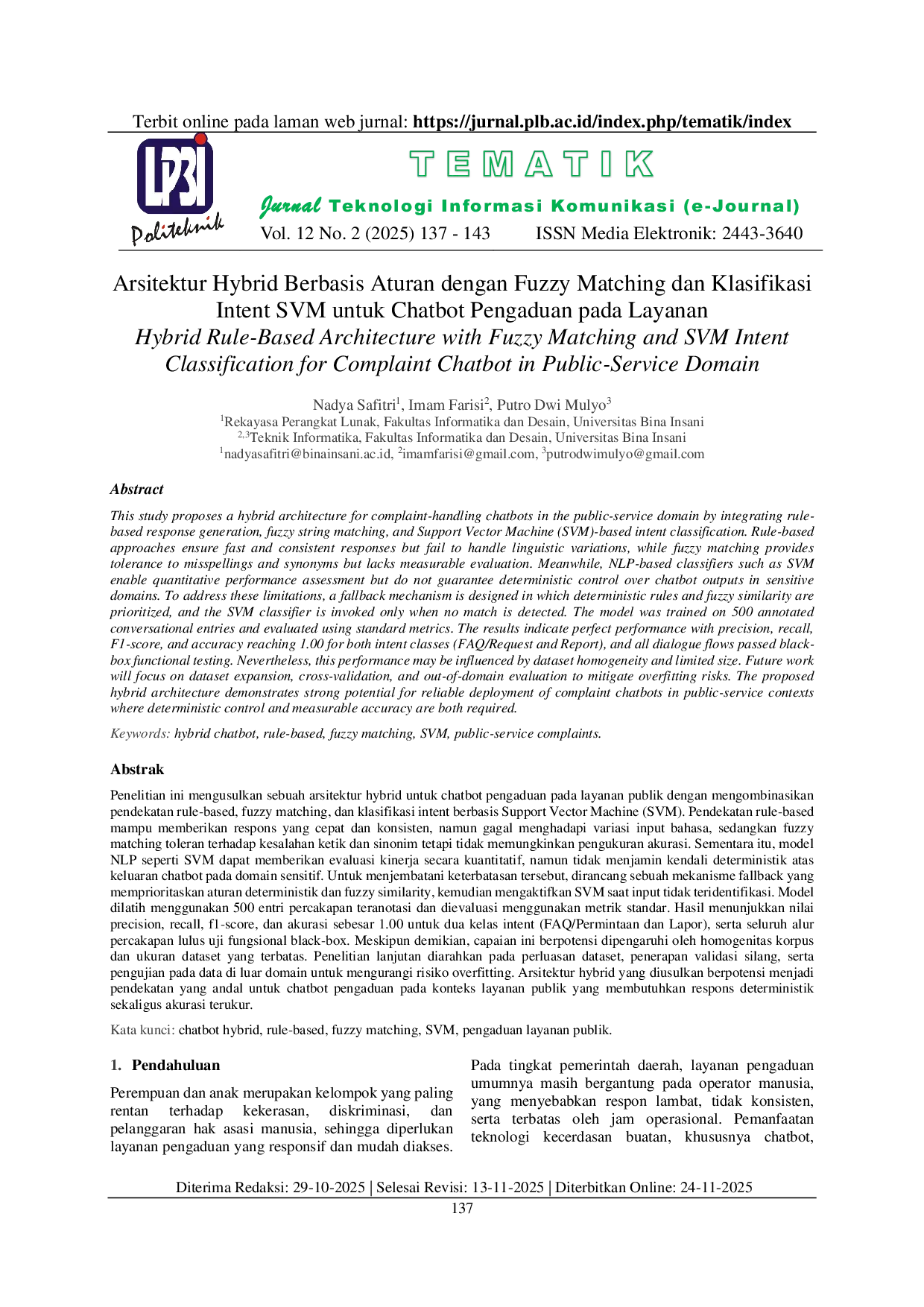 JURIS Arsitektur Hybrid Berbasis Aturan dengan Fuzzy Matching dan Klasifikasi Intent SVM untuk Chatbot Pengaduan pada Layanan