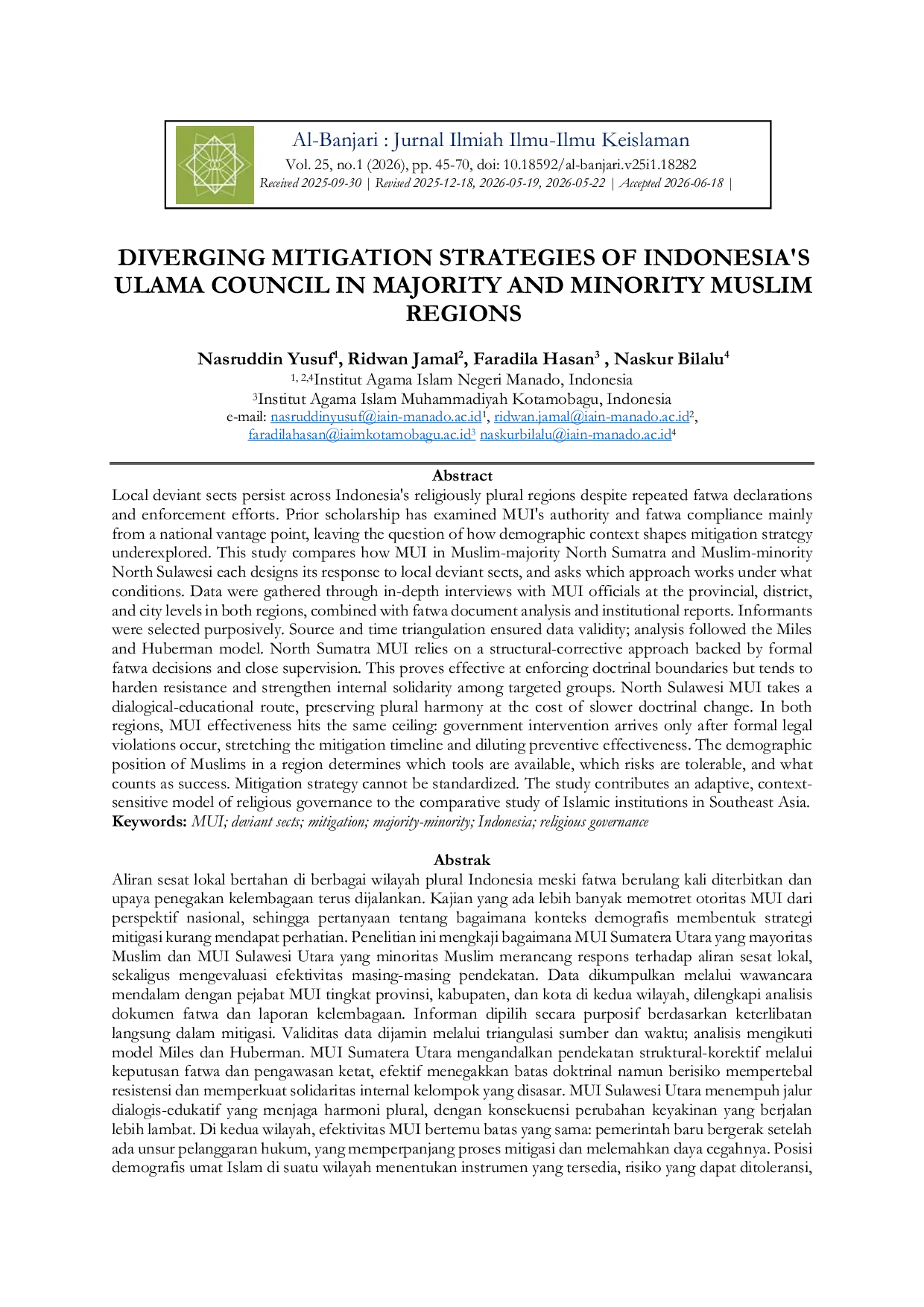 JURIS Diverging Mitigation Strategies of Indonesia s Ulama Council in Majority and Minority Muslim Regions
