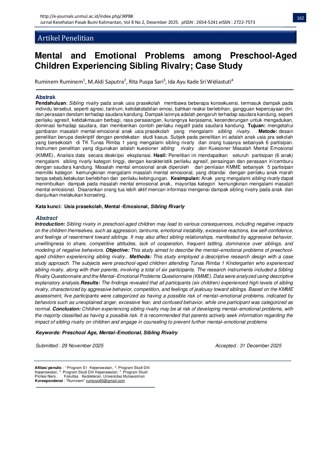 JURIS Mental and Emotional Problems among Preschool Aged Children Experiencing Sibling Rivalry Case Study