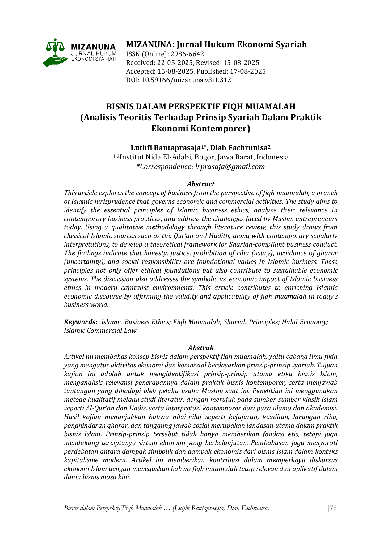 JURIS BISNIS DALAM PERSPEKTIF FIQH MUAMALAH Analisis Teoritis Terhadap Prinsip Syariah Dalam Praktik Ekonomi Kontemporer