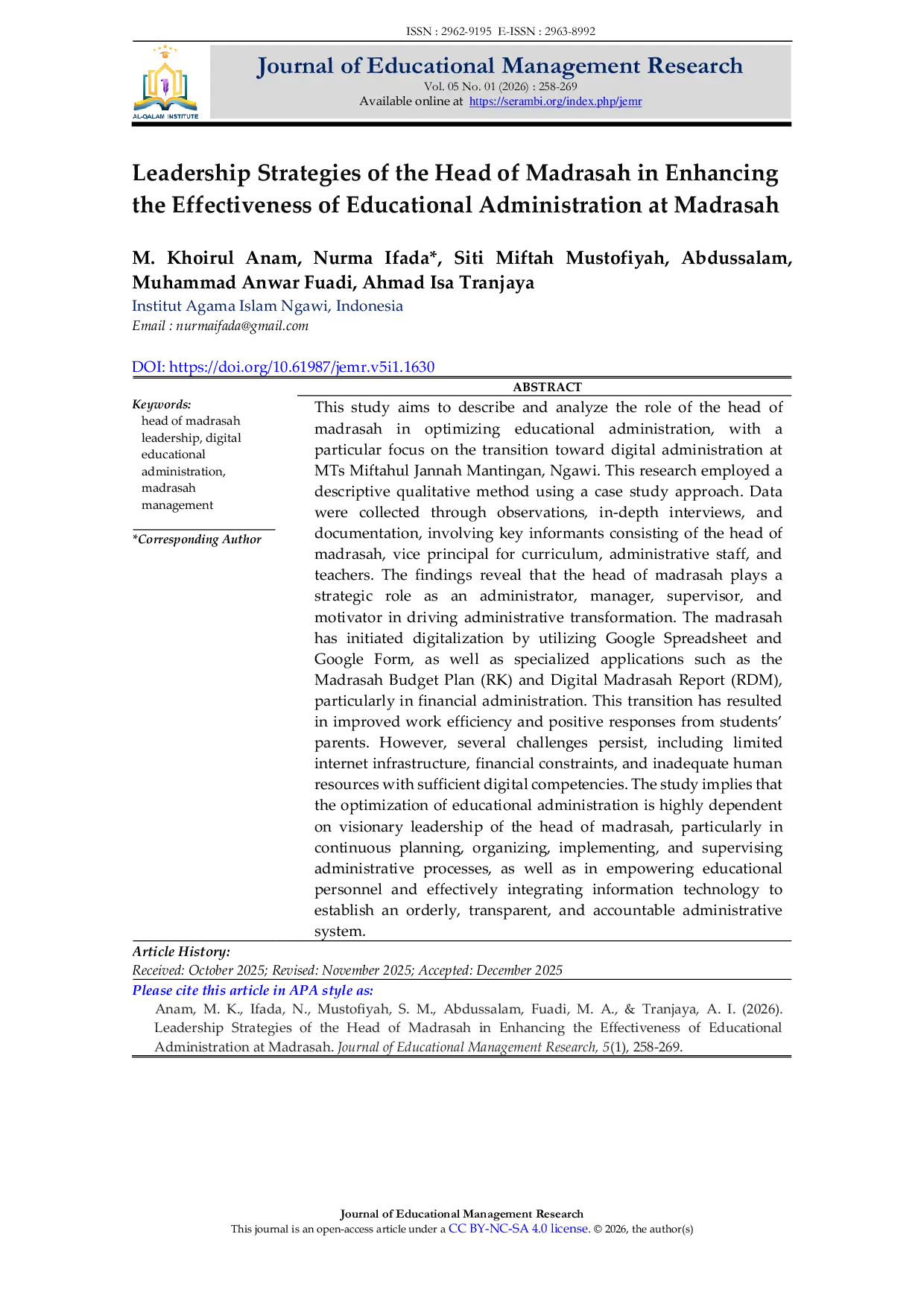 JURIS Leadership Strategies of the Head of Madrasah in Enhancing the Effectiveness of Educational Administration at Madrasah