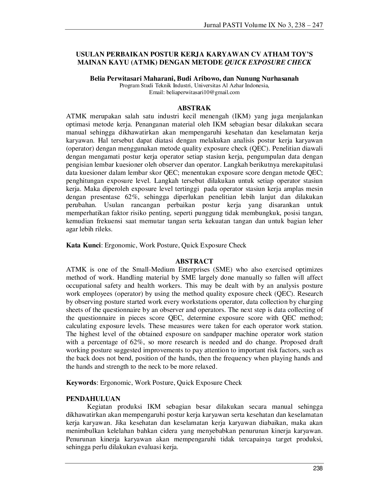 JURIS Usulan Perbaikan Postur Kerja Karyawan Cv Atham Toy S Mainan Kayu Atmk Dengan Metode Quick Exposure Check