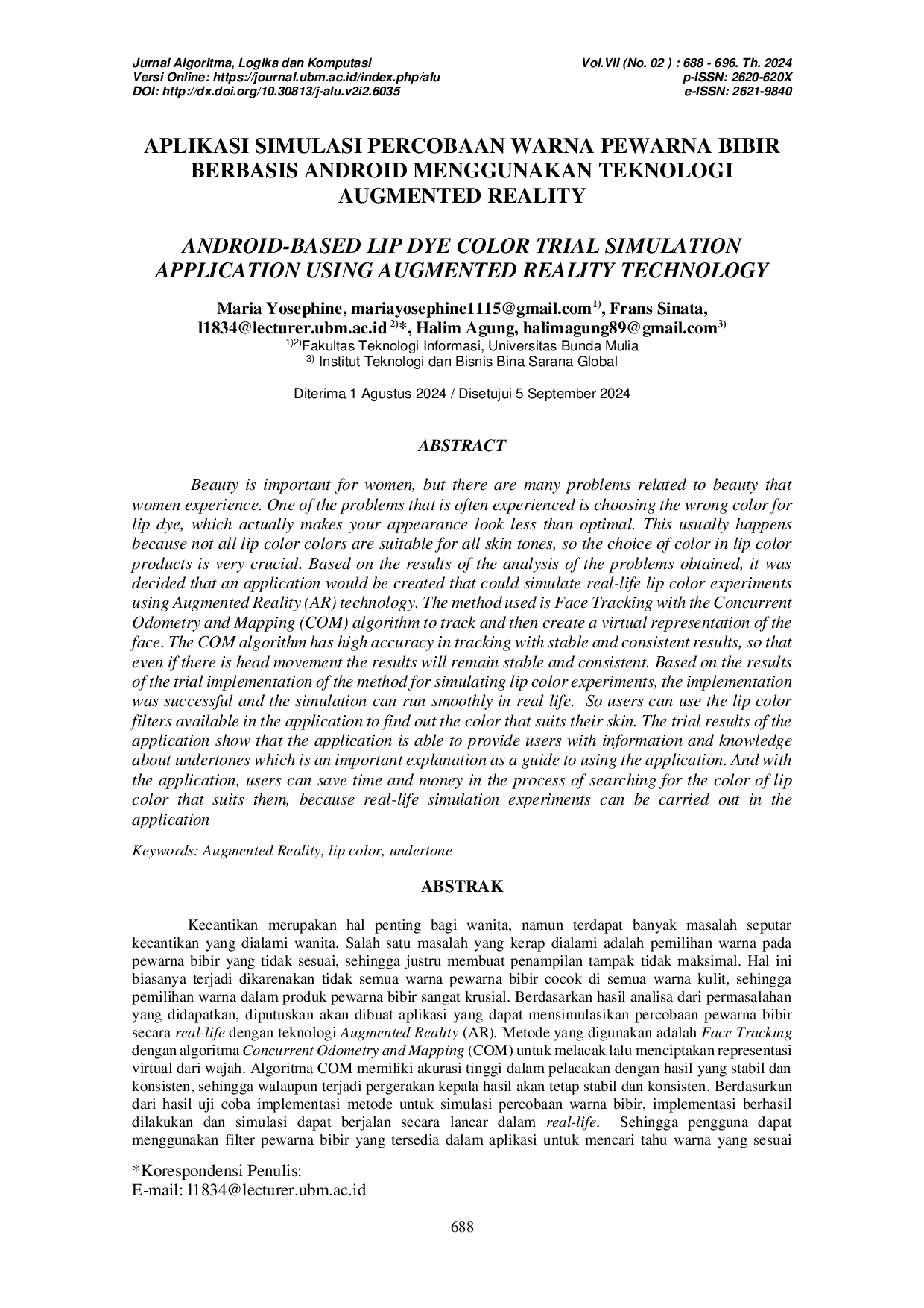 JURIS Aplikasi Simulasi Percobaan Warna Pewarna Bibir Berbasis Android Menggunakan Teknologi Augmented Reality