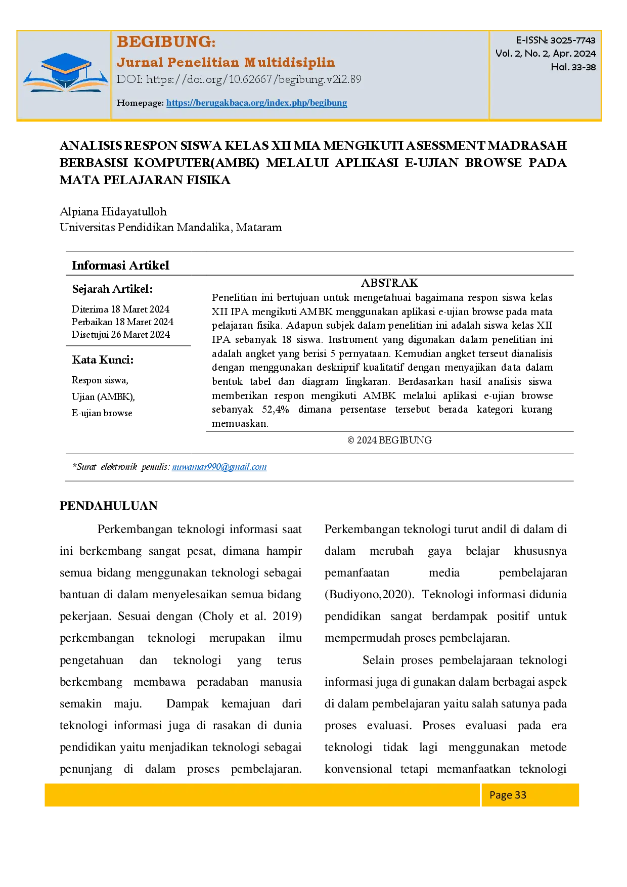 juris Analisis Respon Siswa Kelas Xii Mia Mengikuti Asessment Madrasah Berbasisi Komputer Ambk Melalui Aplikasi E Ujian Browse Pada Mata Pelajaran Fisika