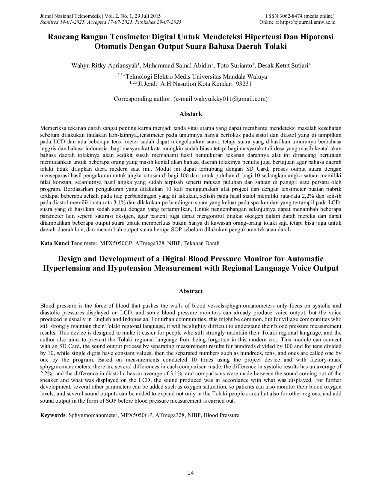 JURIS Tensi Meter Digital dengan Pengukuran Hipertensi dan Hipotensi Otomatis dengan Output Suara Bahasa Daerah Tolaki