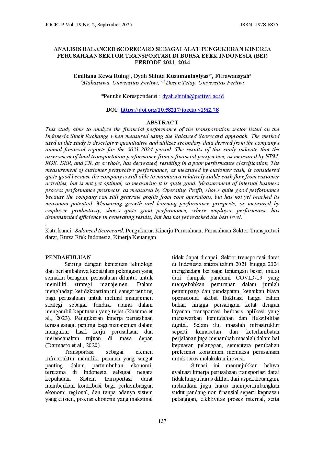 JURIS Analisis Balanced Scorecard Sebagai Alat Pengukuran Kinerja Perusahaan Sektor Transportasi Di Bursa Efek Indonesia Bei Periode 2021 2024