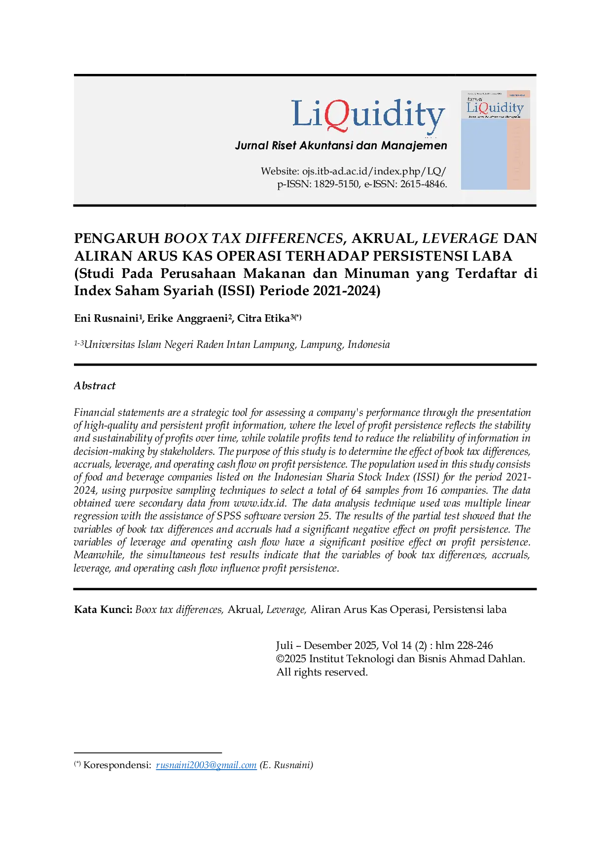 JURIS Pengaruh Boox Tax Differences Akrual Leverage Dan Aliran Arus Kas Operasi Terhadap Persistensi Laba Studi Pada Perusahaan Makanan Dan Minuman Yang Terdaftar Di Index Saham Syariah Issi Periode 20