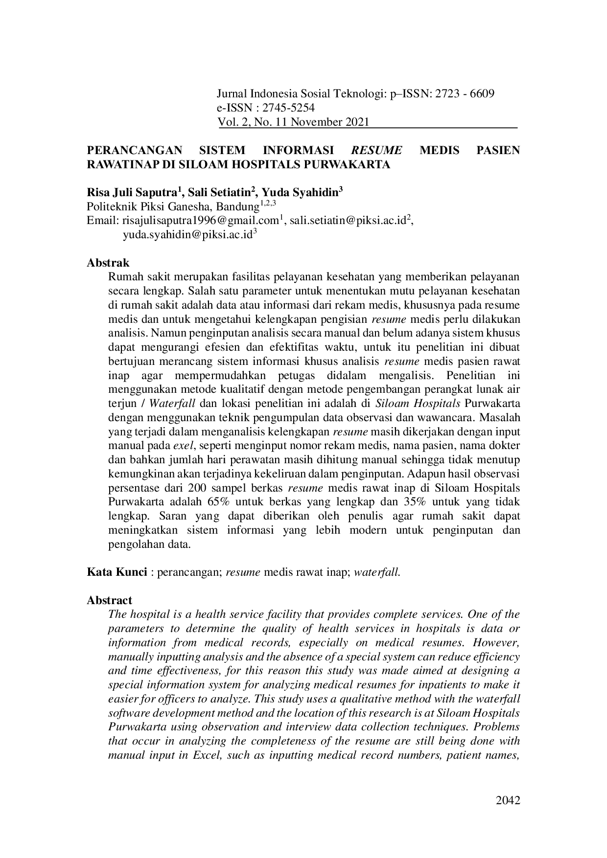 JURIS Perancangan Sistem Informasi Resume Medis Pasien Rawatinap di Siloam Hospitals Purwakarta