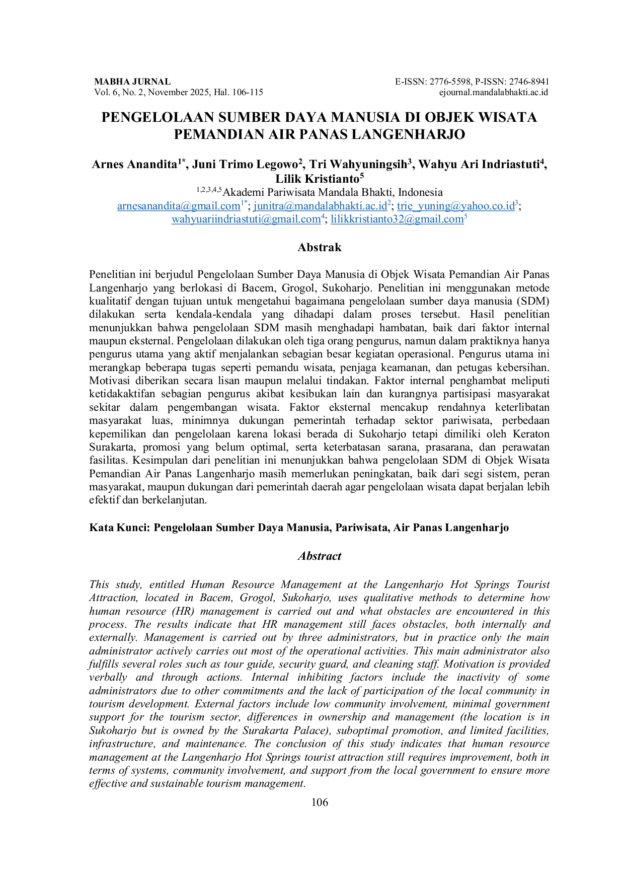 JURIS Management of Human Resources at Langenharjo Hot Springs Tourist Attraction