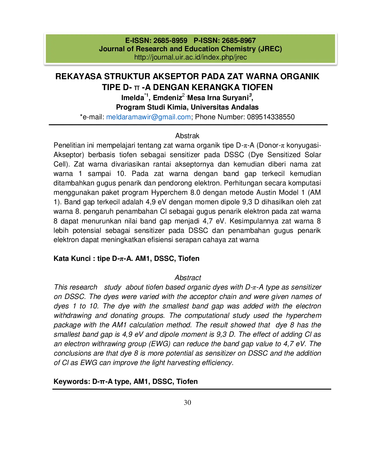 JURIS Rekayasa Struktur Akseptor Pada Zat Warna Organik Tipe D A Dengan Kerangka Tiofen