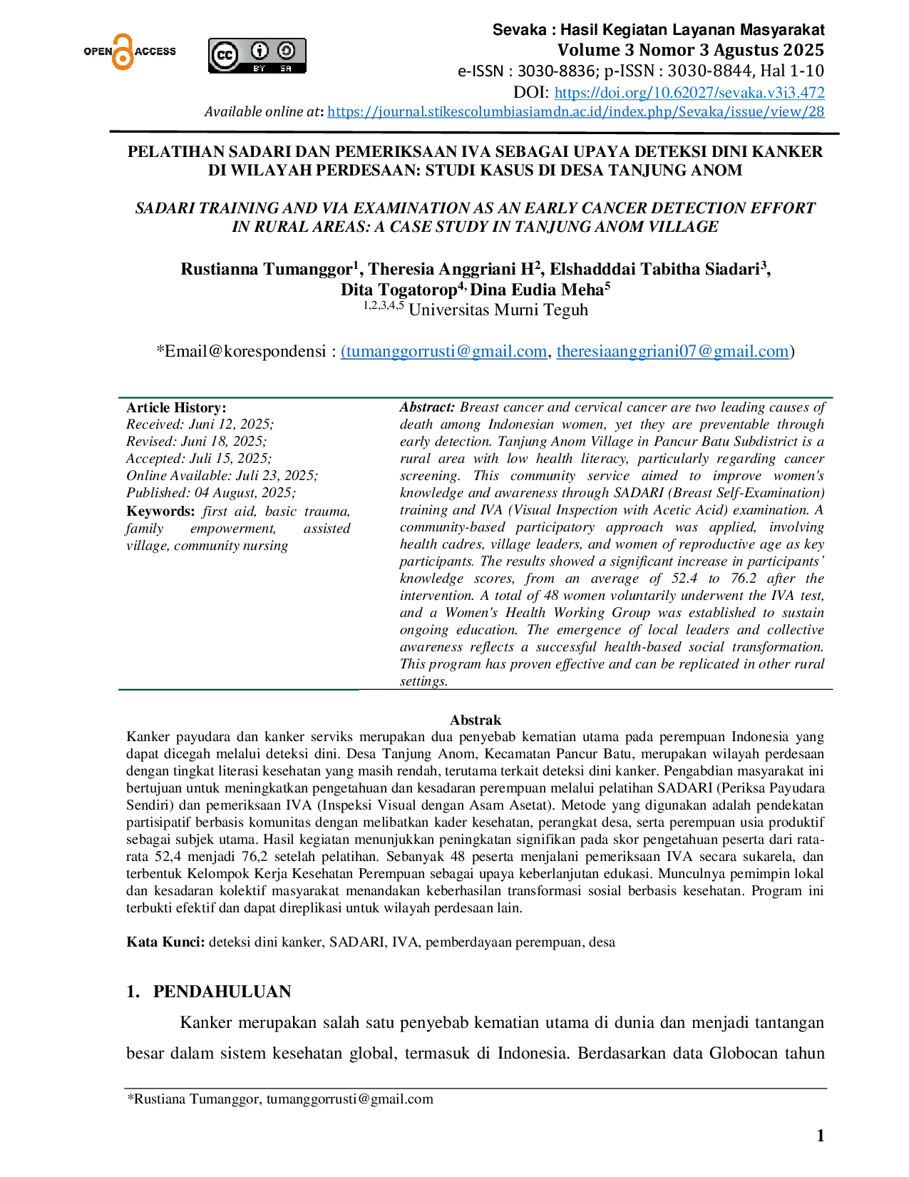 JURIS Pelatihan Sadari Dan Pemeriksaan IVA Sebagai Upaya Deteksi Dini Kanker Di Wilayah Perdesaan Studi Kasus Di Desa Tanjung Anom