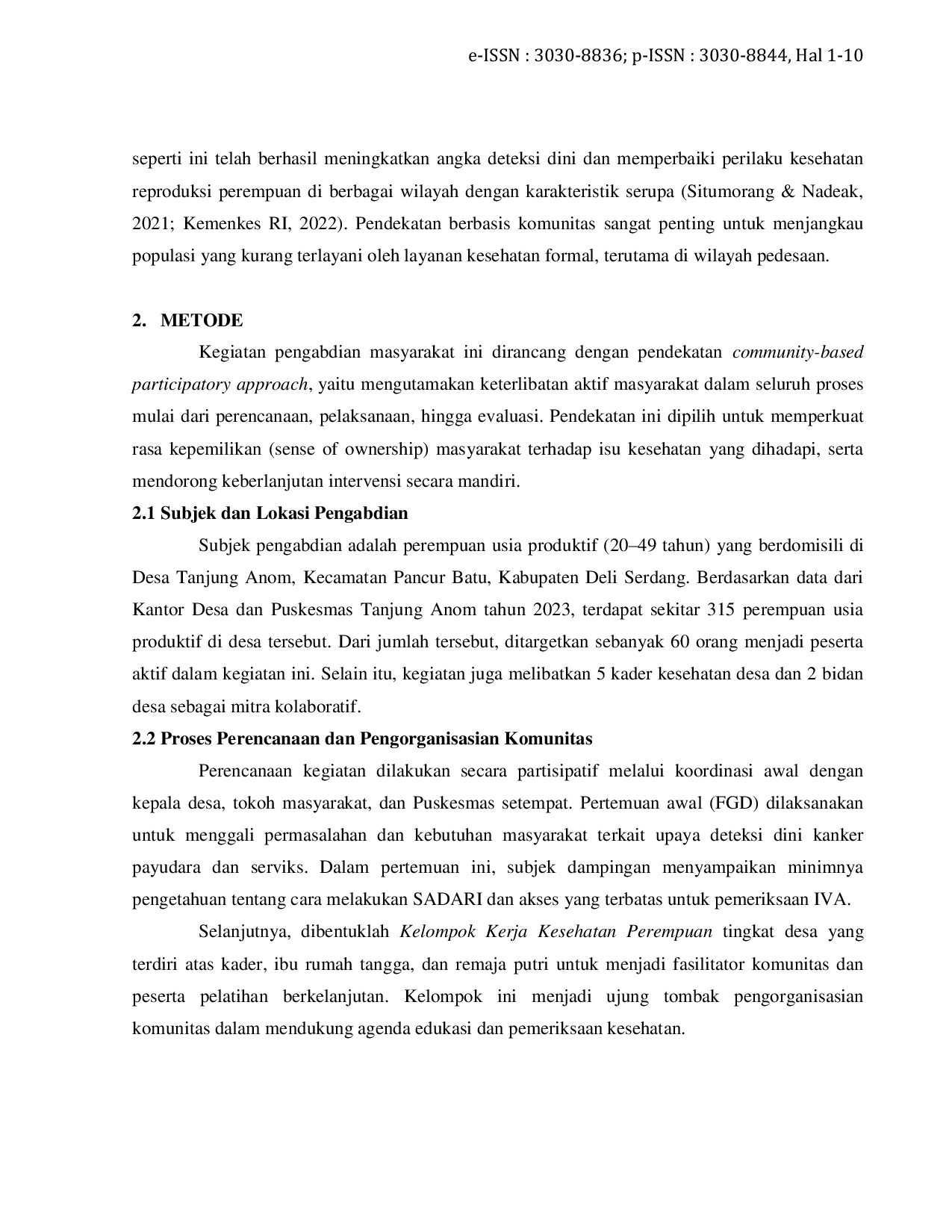 JURIS Pelatihan Sadari Dan Pemeriksaan IVA Sebagai Upaya Deteksi Dini Kanker Di Wilayah Perdesaan Studi Kasus Di Desa Tanjung Anom