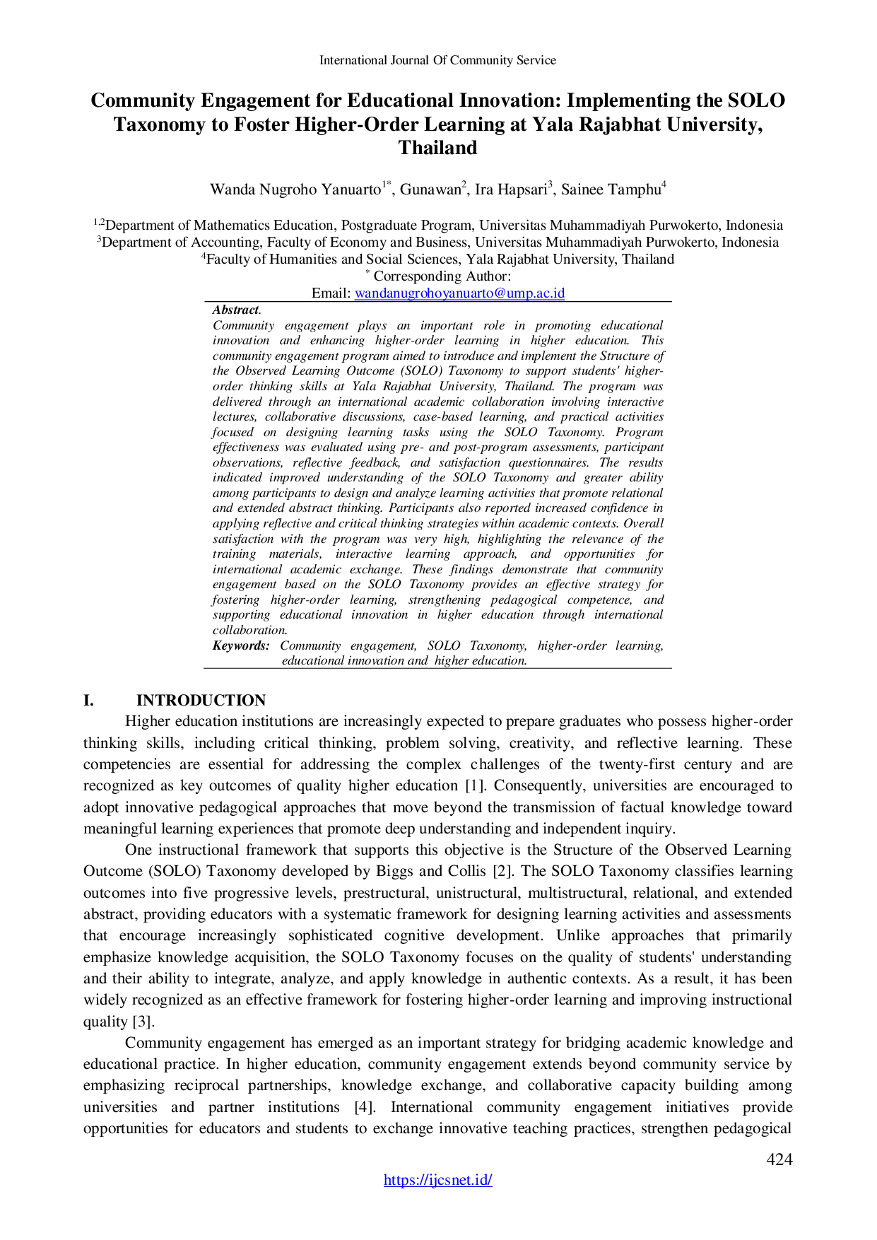 JURIS Community Engagement for Educational Innovation Implementing the Solo Taxonomy to Foster Higher Order Learning at Yala Rajabhat University Thailand