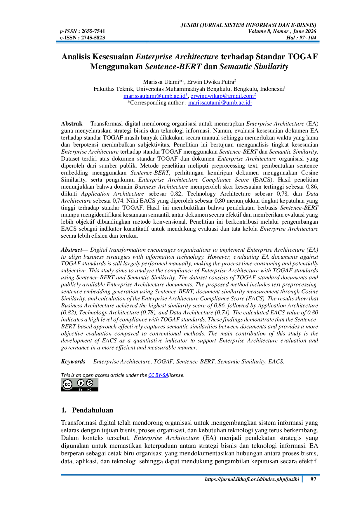 JURIS Analisis Kesesuaian Enterprise Architecture terhadap Standar TOGAF Menggunakan Sentence BERT dan Semantic Similarity