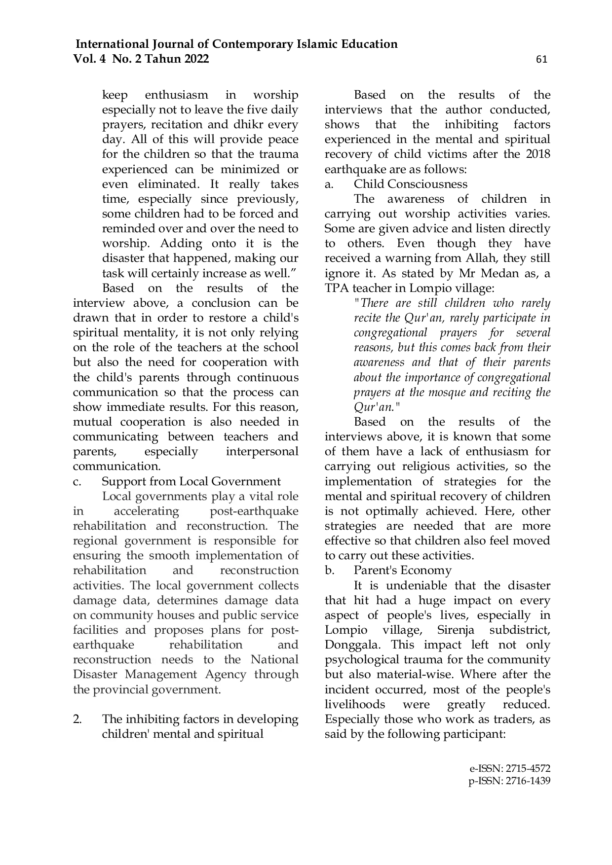 JURIS Mental and Spiritual Impacts of Children Victims of the 2018 Earthquake in Lompio Village Sirenja District Donggala Regency