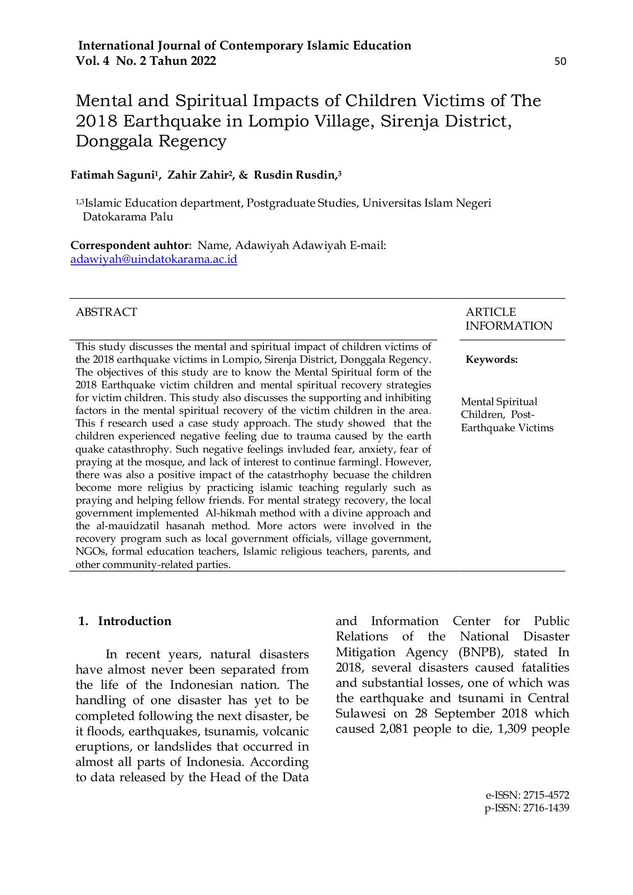 JURIS Mental and Spiritual Impacts of Children Victims of the 2018 Earthquake in Lompio Village Sirenja District Donggala Regency