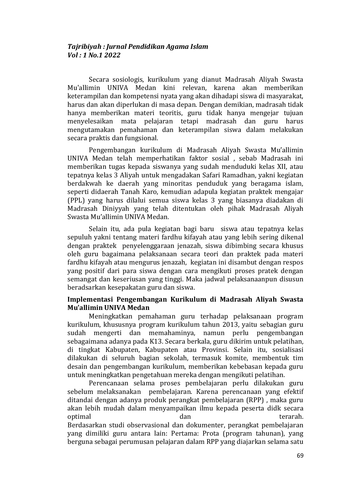 JURIS Pengembangan Manajemen Kurikulum di Madrasah Aliyah Muallimin Univa Medan