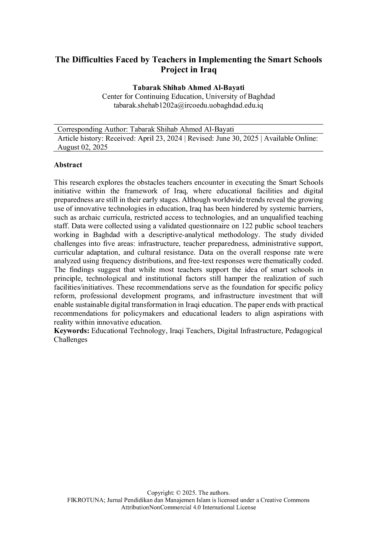 JURIS The Difficulties Faced by Teachers in Implementing the Smart Schools Project in Iraq