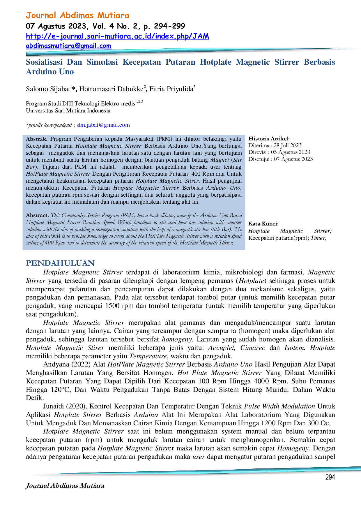 JURIS Sosialisasi Dan Simulasi Kecepatan Putaran Hotplate Magnetic Stirrer Berbasis Arduino Uno
