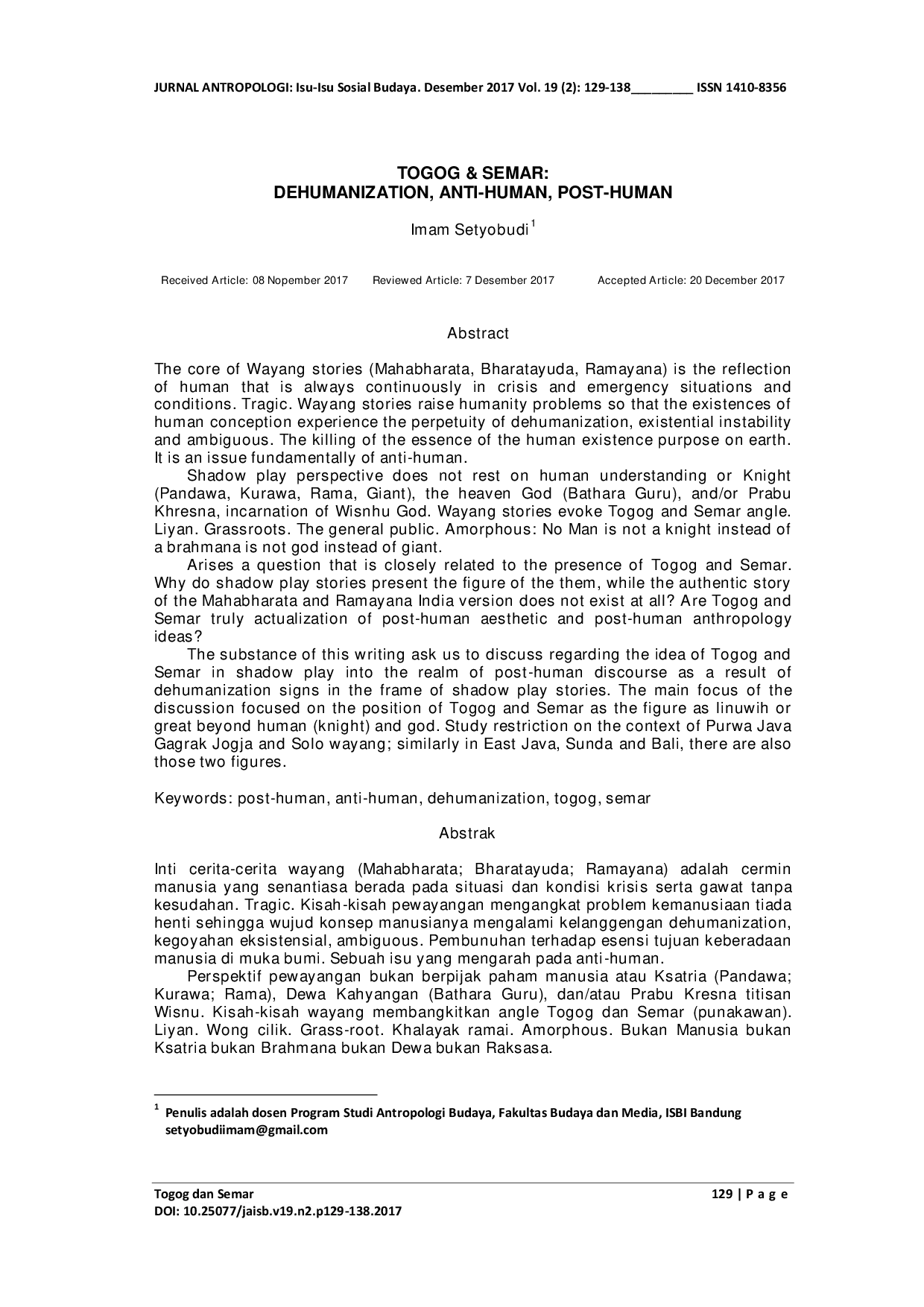 JURIS Togog dan Semar Dehumanization Anti Human Post Human