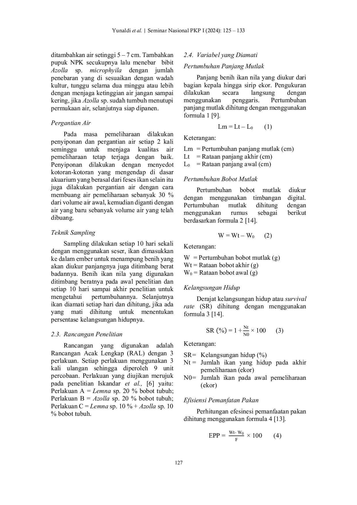 JURIS Pengaruh Pemberian Pakan Nabati Lemna sp dan Azolla sp terhadap Pertumbuhan Benih Ikan Nila Oreochromis niloticus