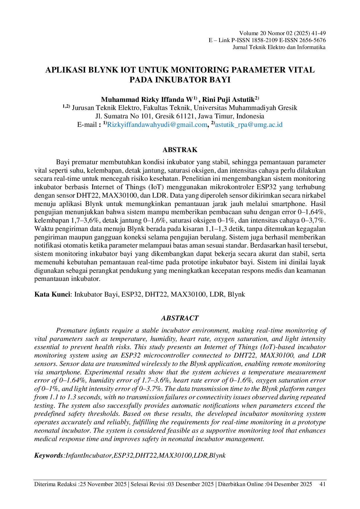 JURIS Aplikasi Blynk IoT Untuk Monitoring Parameter Vital Pada Inkubator Bayi