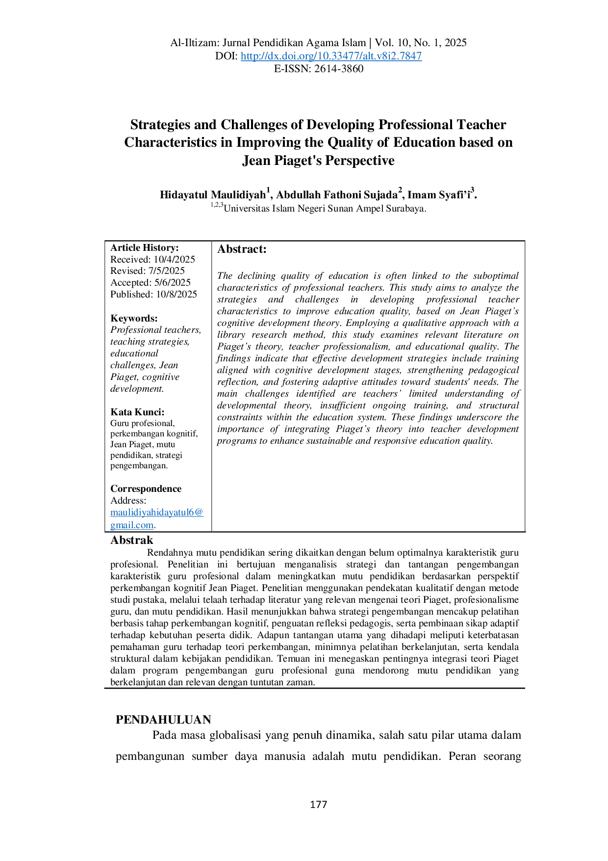 JURIS Strategi dan Tantangan Pengembangan Karakteristik Guru Profesional dalam Meningkatkan Mutu Pendidikan berdasarkan Perspektif Jean Piaget