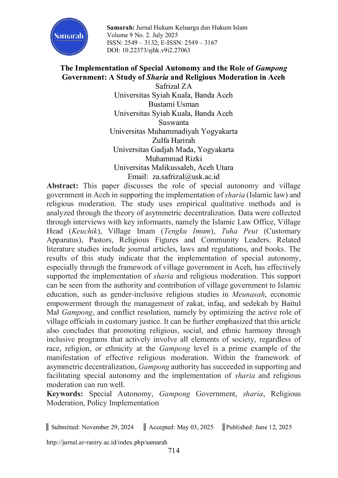 JURIS The Implementation of Special Autonomy and the Role of Gampong Government A Study of Sharia and Religious Moderation in Aceh