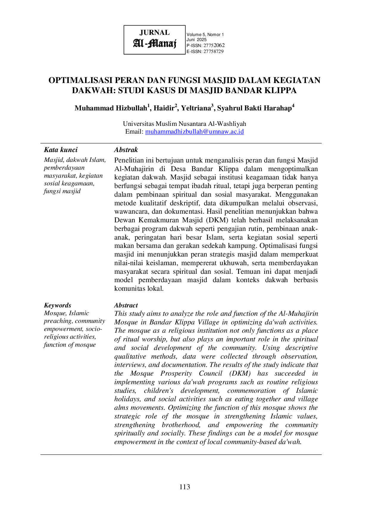 JURIS Optimalisasi Peran Dan Fungsi Masjid Dalam Kegiatan Dakwah Studi Kasus Di Masjid Bandar Klippa