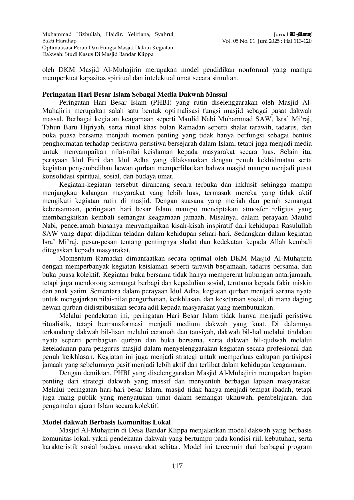 JURIS Optimalisasi Peran Dan Fungsi Masjid Dalam Kegiatan Dakwah Studi Kasus Di Masjid Bandar Klippa