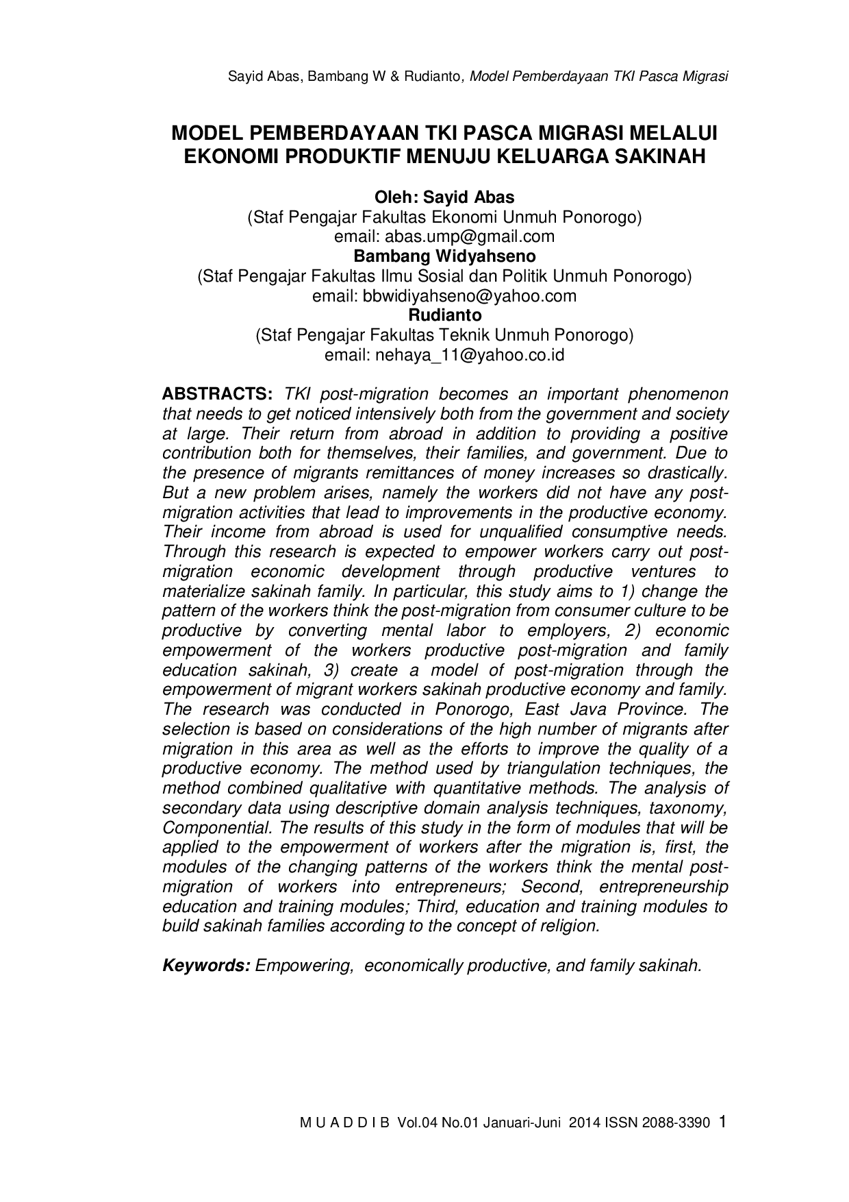 JURIS Model Pemberdayaan Tki Pasca Migrasi Melalui Ekonomi Produktif Menuju Keluarga Sakinah