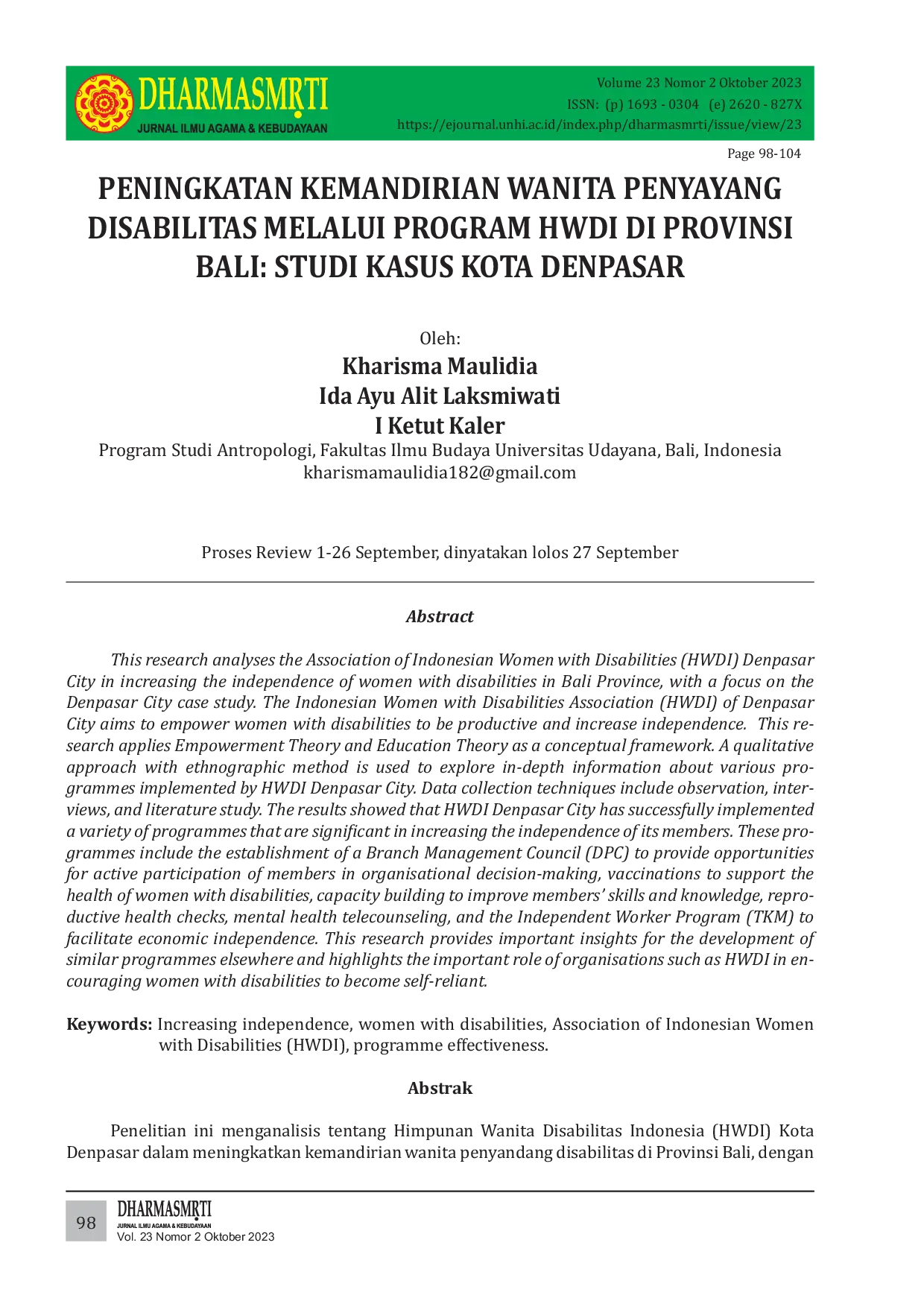 JURIS Peningkatan Kemandirian Wanita Penyandang Disabilitas Melalui Program Hwdi Di Provinsi Bali Studi Kasus Kota Denpasar